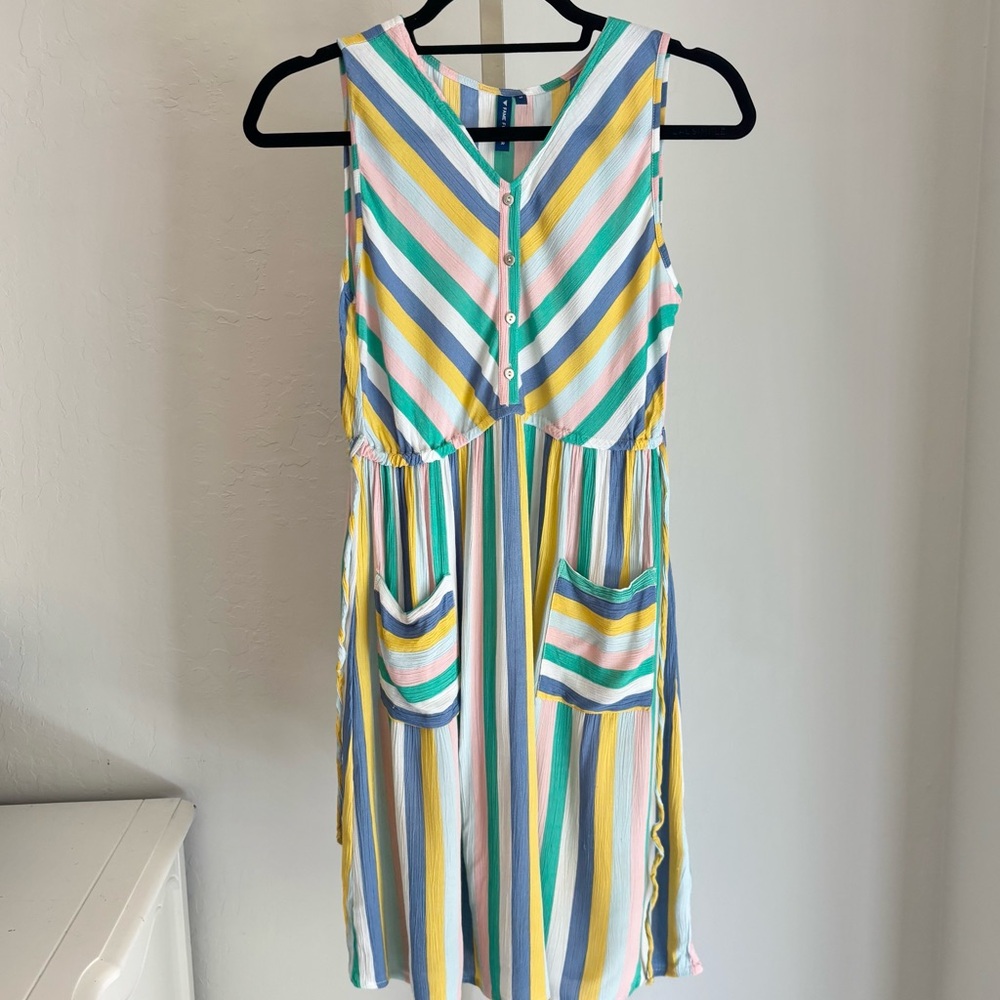 Girls Pocket Front Belted Dress in Multicolor Stripe, Medium